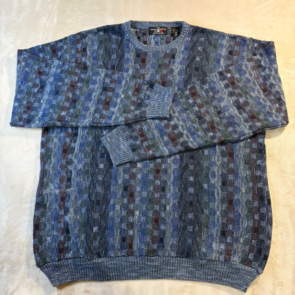 The Italian Sweater Co Mens XL Blue Textured 3D Knit Crewneck Coogi Style